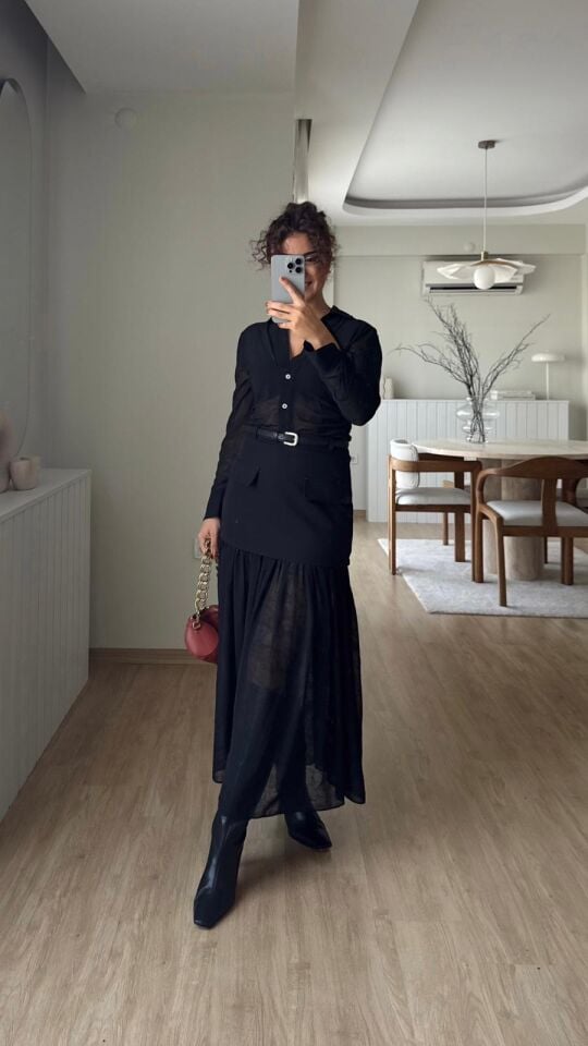 Brina Kemerli Şifon Etek Siyah