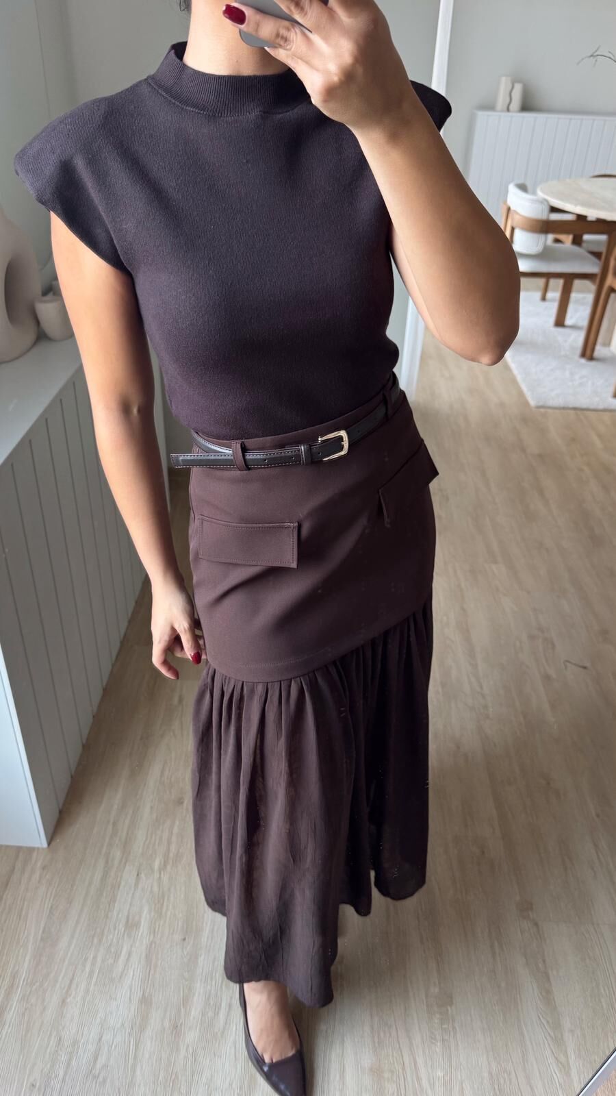 Brina Kemerli Şifon Etek Kahve