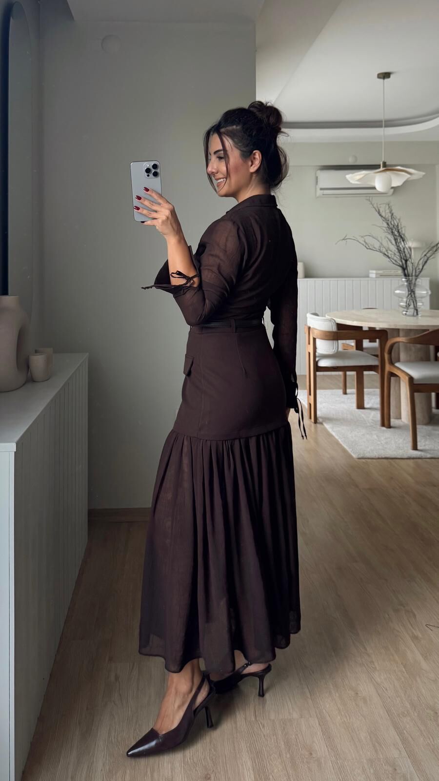 Brina Kemerli Şifon Etek Kahve