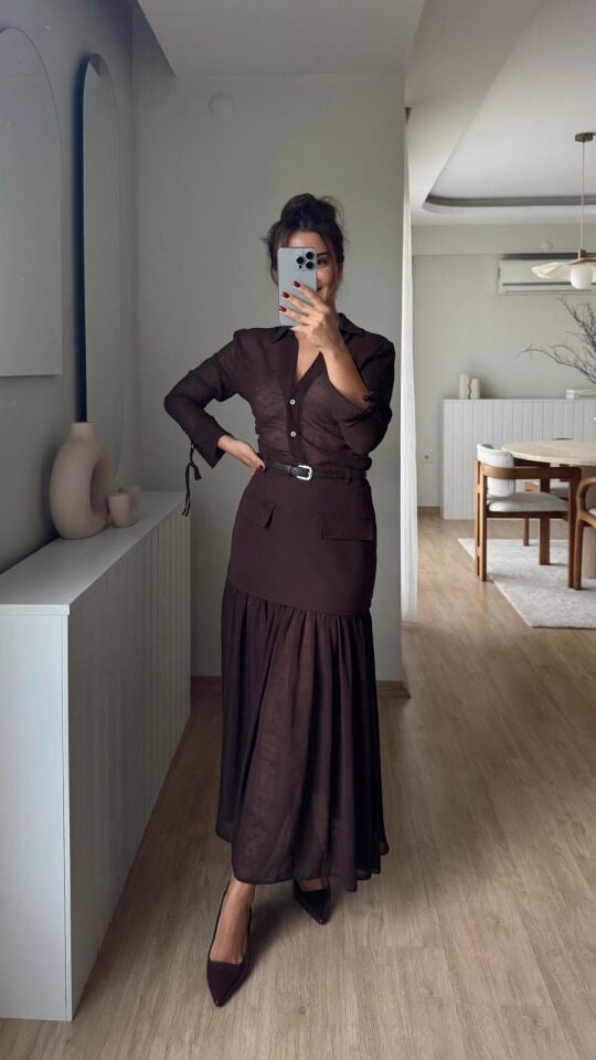 Brina Kemerli Şifon Etek Kahve