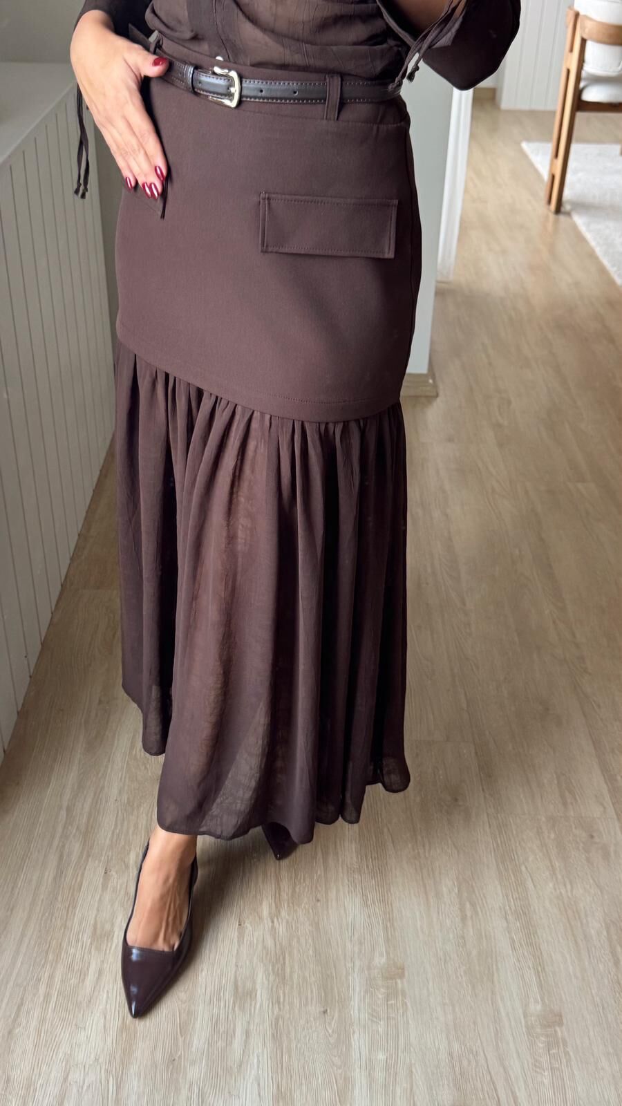 Brina Kemerli Şifon Etek Kahve