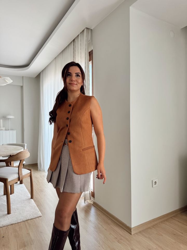 Süs Cep Uzun Süet Yelek