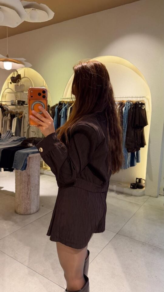 Kahve Crop Düğmeli Bomber