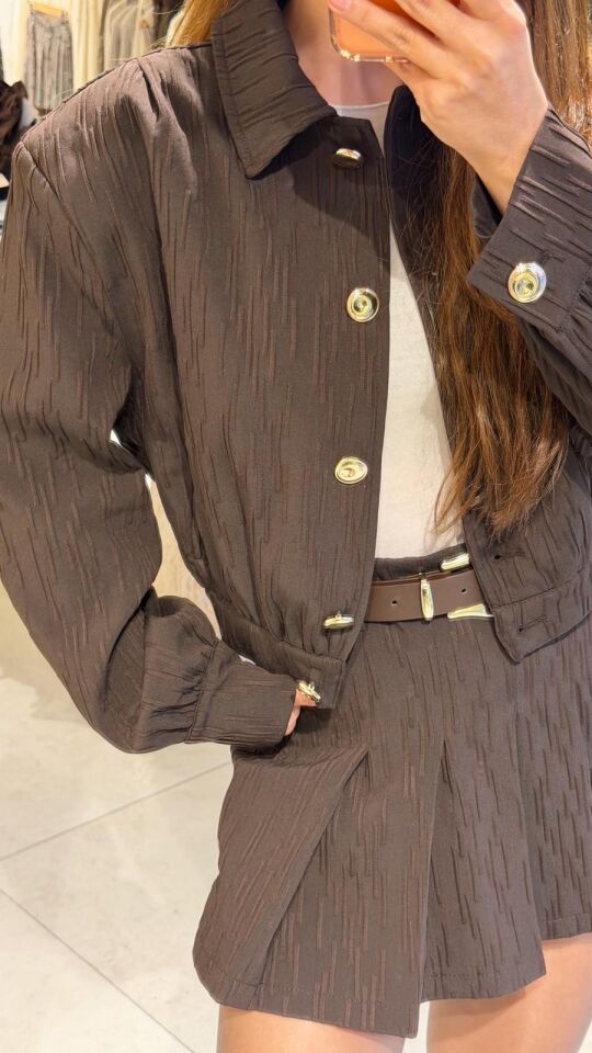 Kahve Crop Düğmeli Bomber