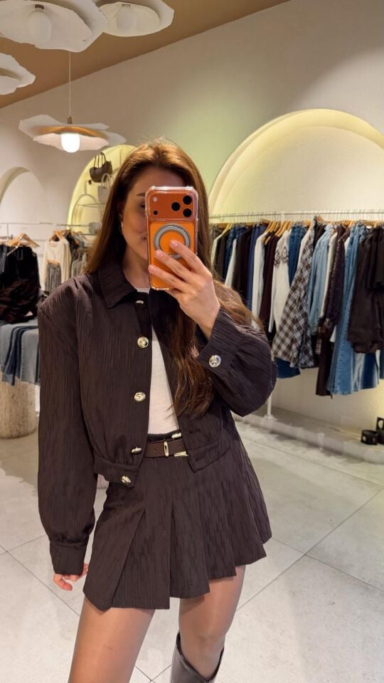 Kahve Crop Düğmeli Bomber