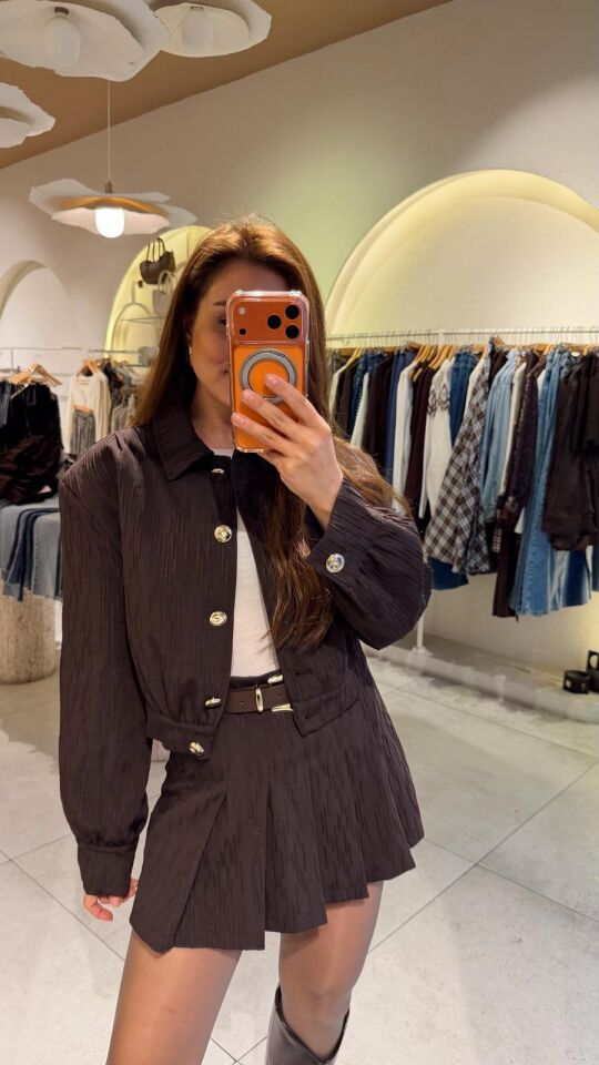 Kahve Crop Düğmeli Bomber