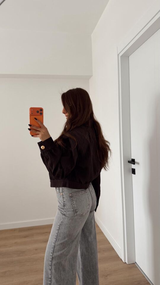 Kahve Crop Düğmeli Bomber