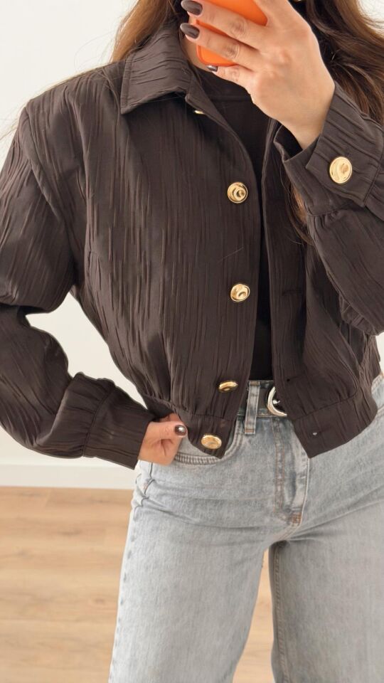 Kahve Crop Düğmeli Bomber