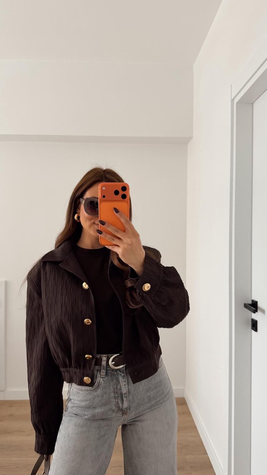 Kahve Crop Düğmeli Bomber