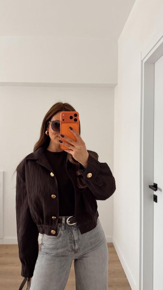 Kahve Crop Düğmeli Bomber