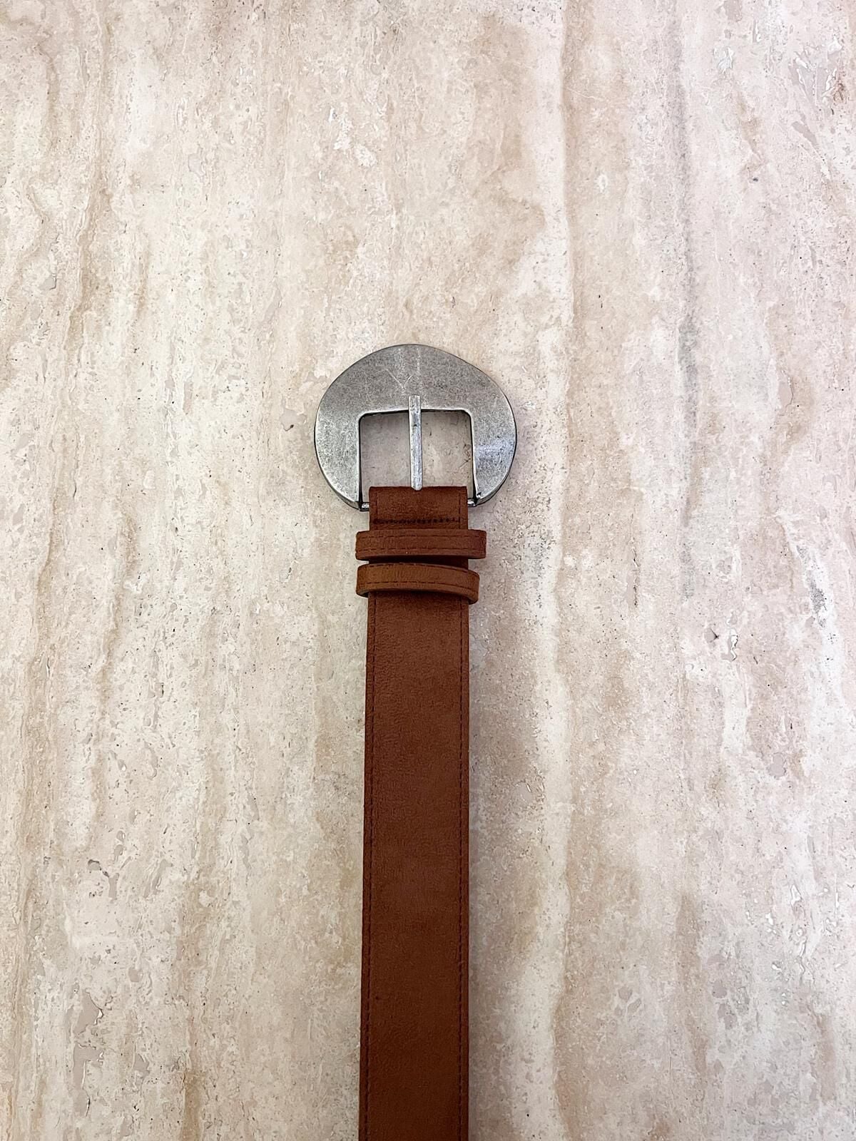 Süet Gümüş Toka Kemer Taba