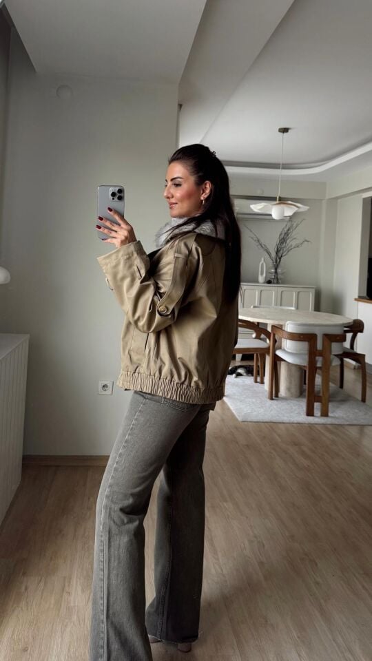 Kürk Yakalı Haki Ceket