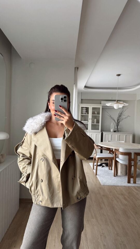 Kürk Yakalı Haki Ceket