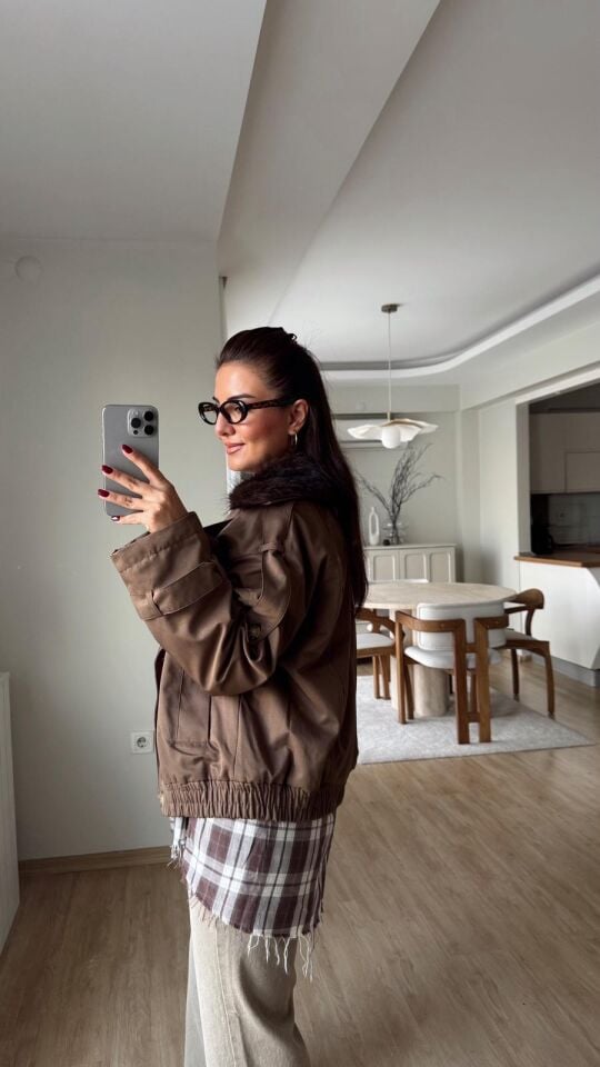 Kürk Yakalı Kahve Ceket