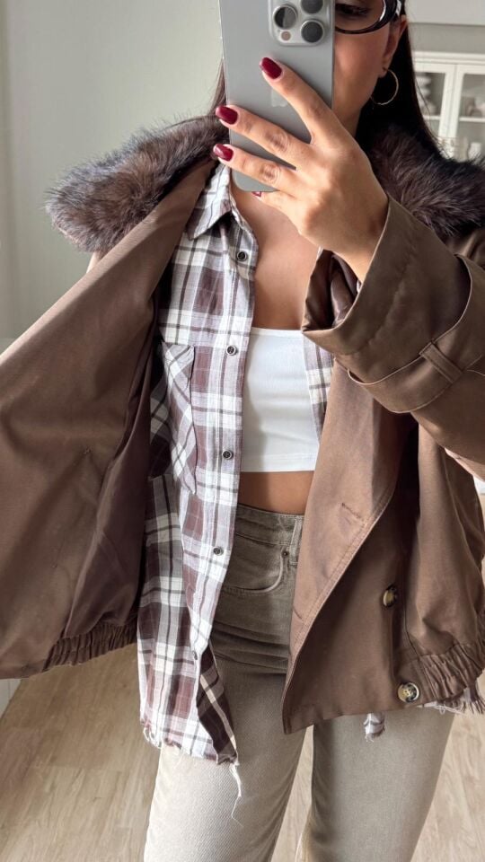 Kürk Yakalı Kahve Ceket