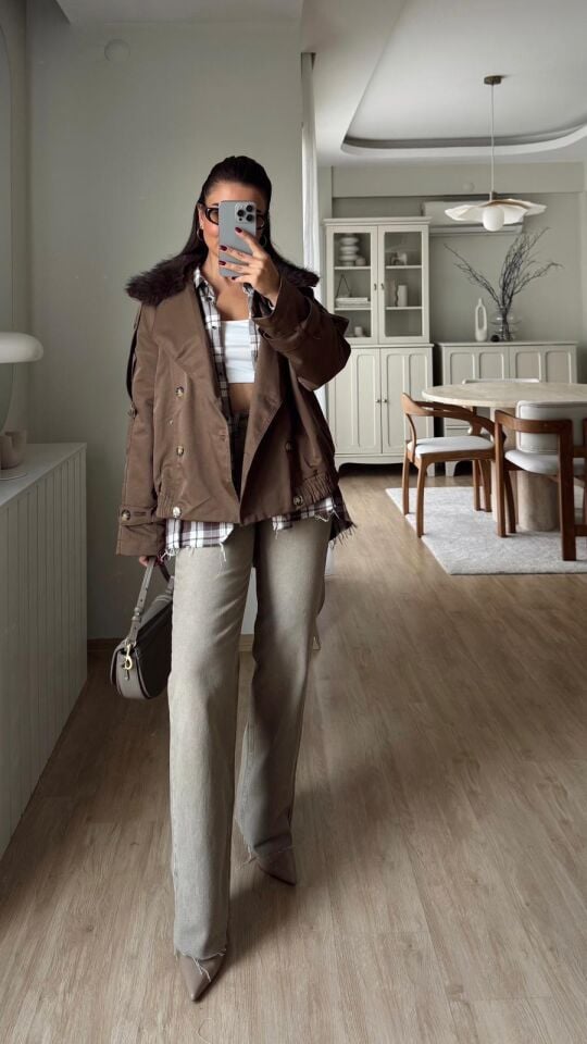 Kürk Yakalı Kahve Ceket