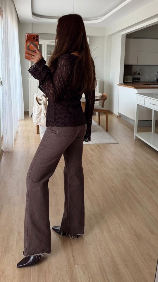 Bağlamalı Güpürlü Bluz Kahve