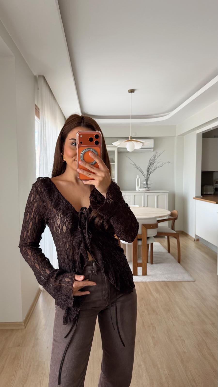 Bağlamalı Güpürlü Bluz Kahve