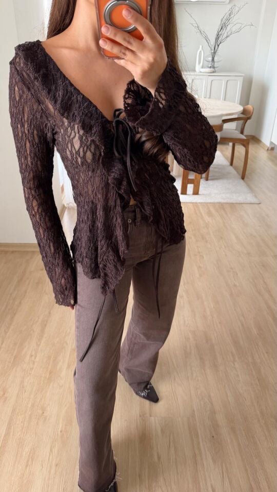 Bağlamalı Güpürlü Bluz Kahve