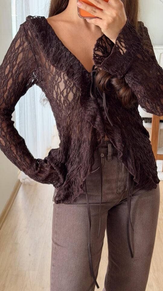 Bağlamalı Güpürlü Bluz Kahve