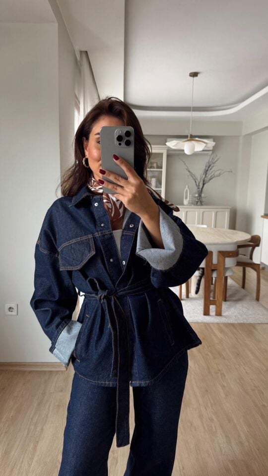 Kuşaklı Lacivert Denim Ceket