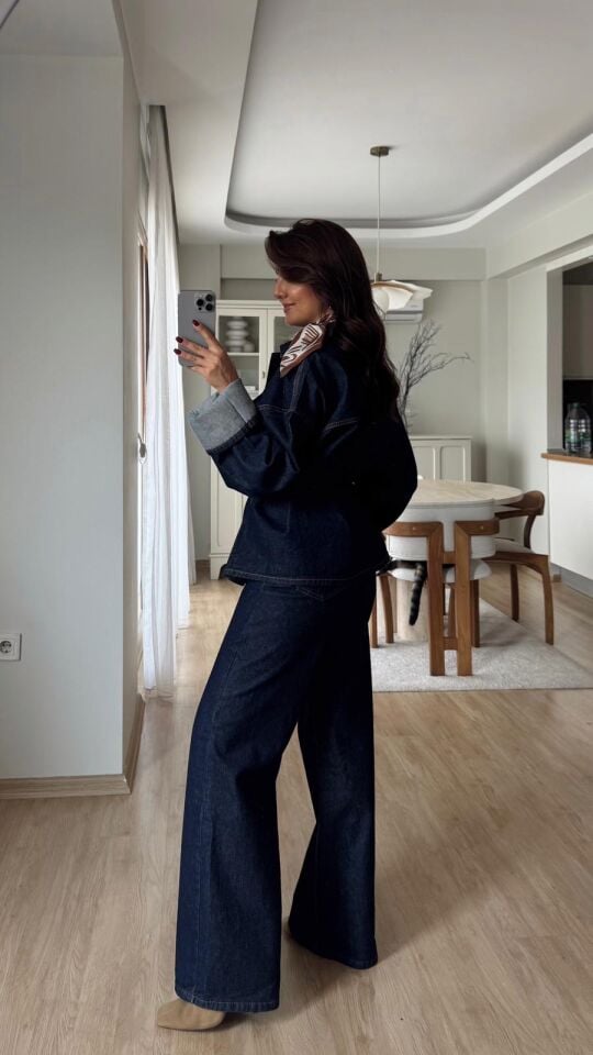 Kuşaklı Lacivert Denim Ceket