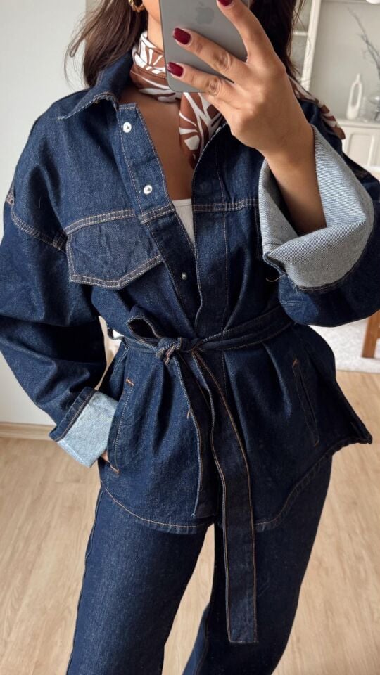 Kuşaklı Lacivert Denim Ceket
