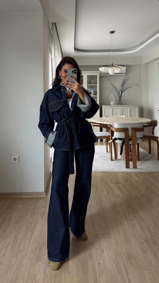 Kuşaklı Lacivert Denim Ceket