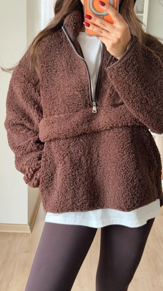 Fermuarlı Peluş Sweat Kahve