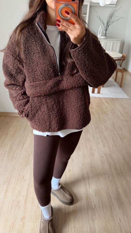 Fermuarlı Peluş Sweat Kahve