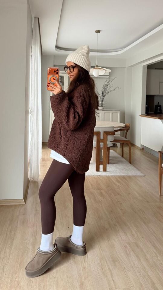 Fermuarlı Peluş Sweat Kahve