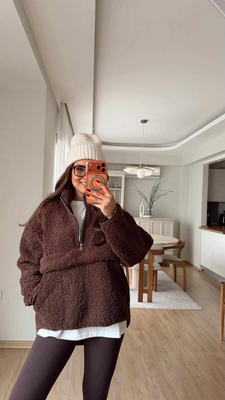 Fermuarlı Peluş Sweat Kahve