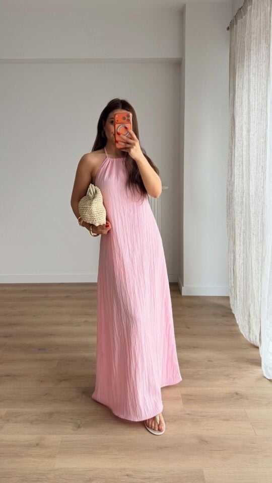 Dokulu Boyundan Elbise Pembe