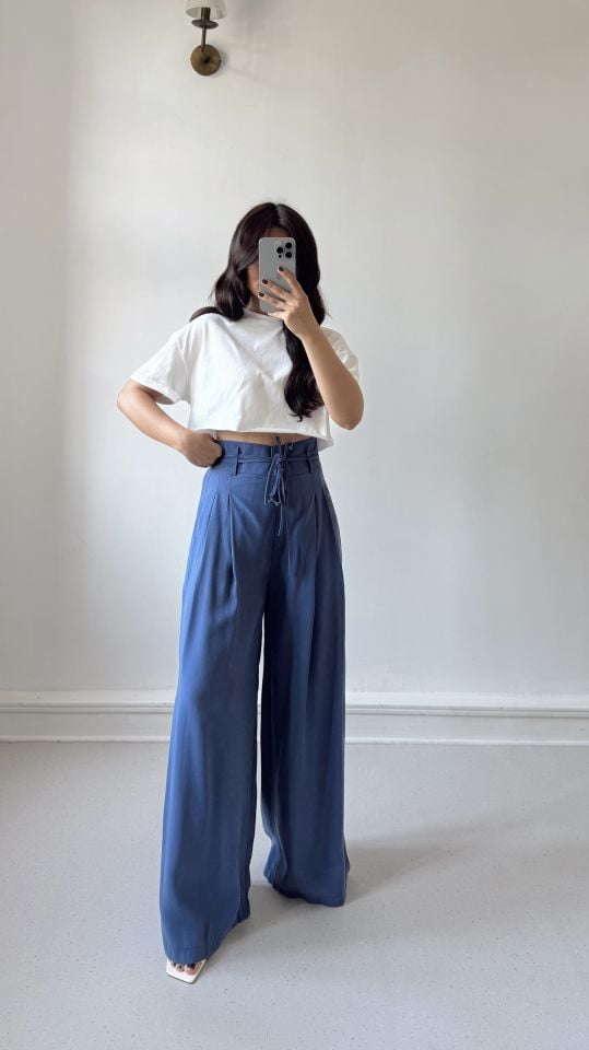 Çift Pile Tencel Pantolon İndigo