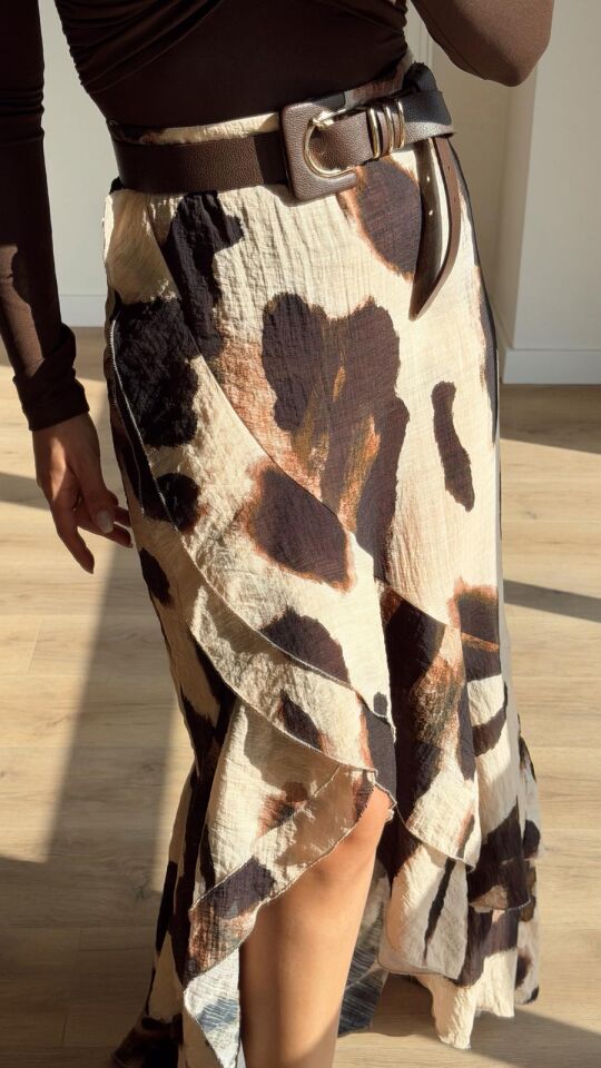 Kahve Desenli Volanlı Etek