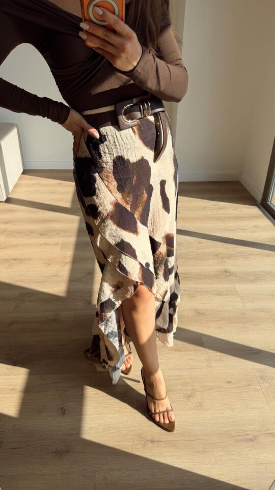 Kahve Desenli Volanlı Etek