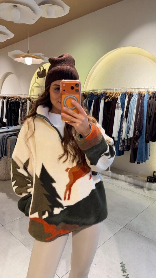 Desenli Fermuarlı Sweat Koyu Yeşil