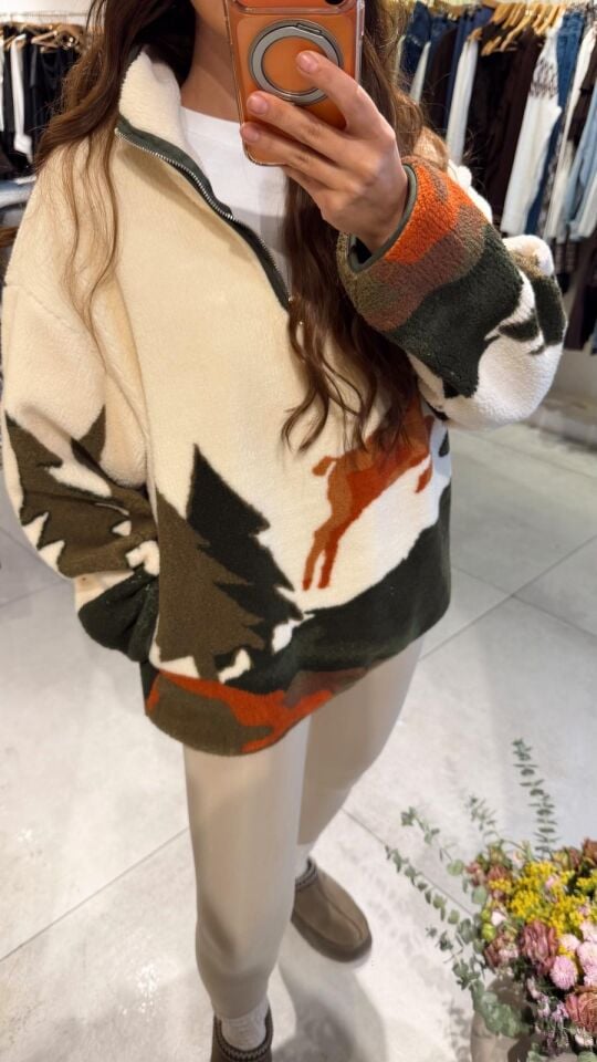 Desenli Fermuarlı Sweat Koyu Yeşil