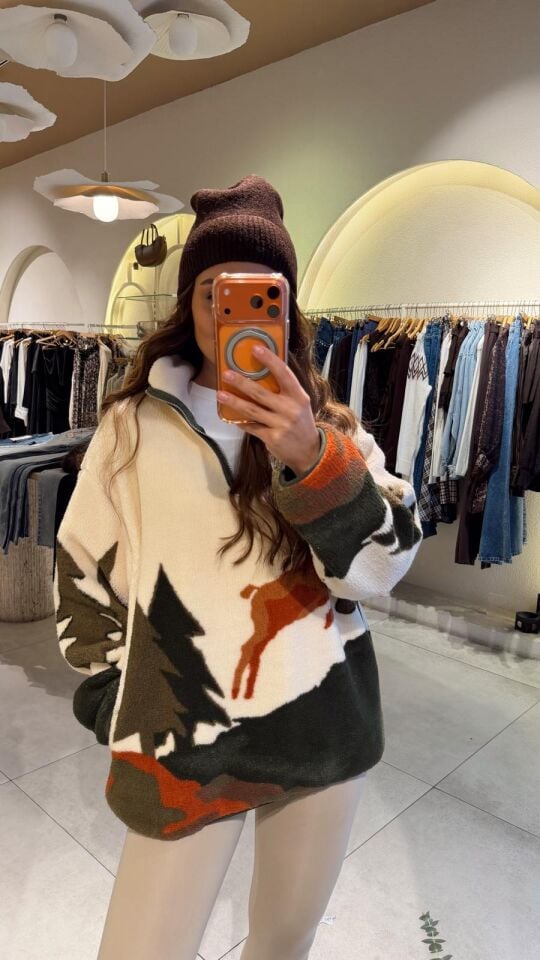 Desenli Fermuarlı Sweat Koyu Yeşil