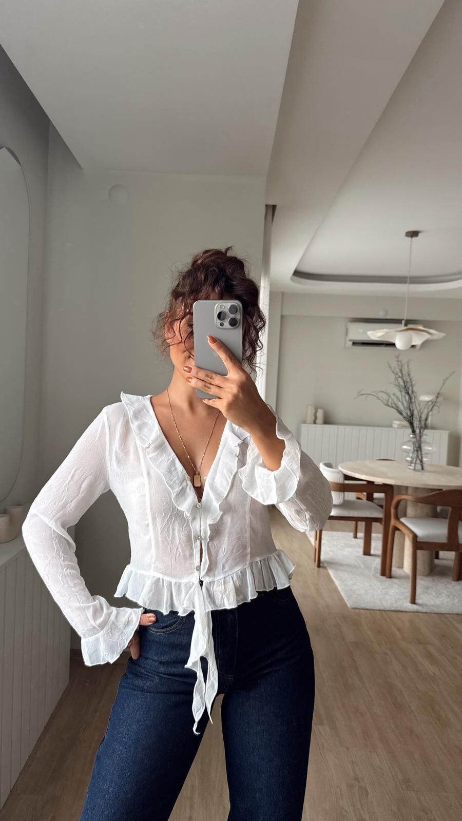 Fırfırlı Transparan Gömlek Beyaz