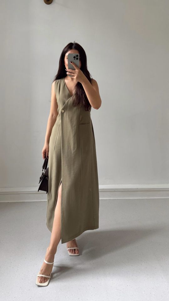 Gold Düğme Tencel Elbise Haki