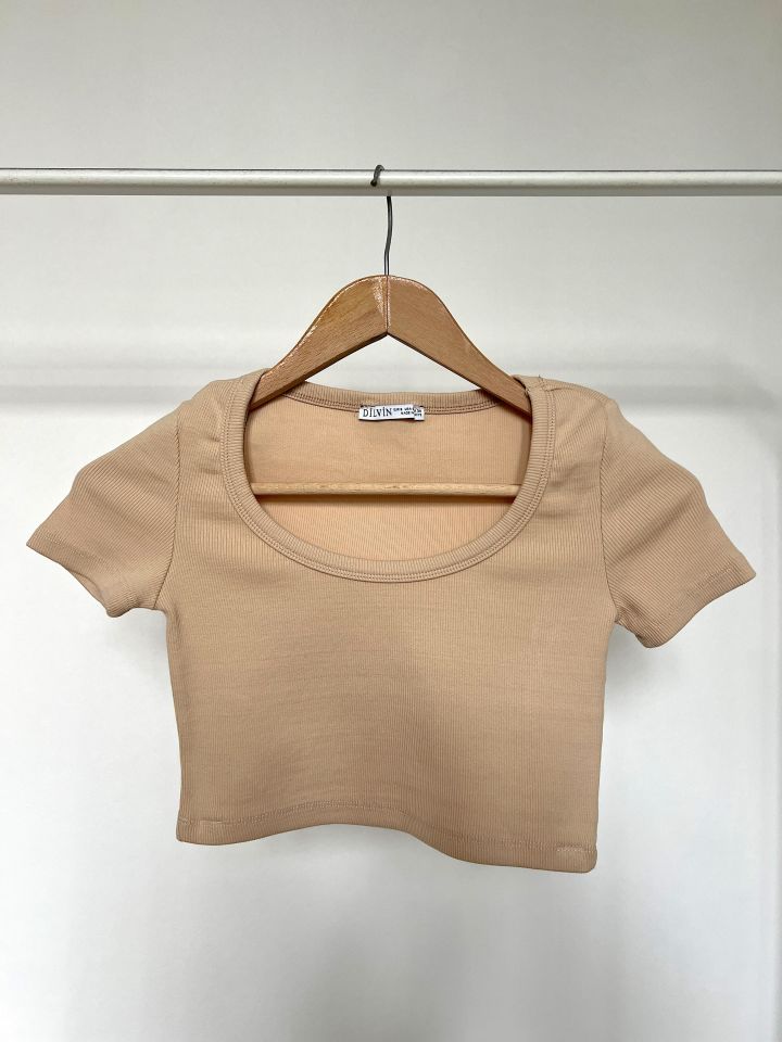 Fitilli Derin Yaka Crop Bej