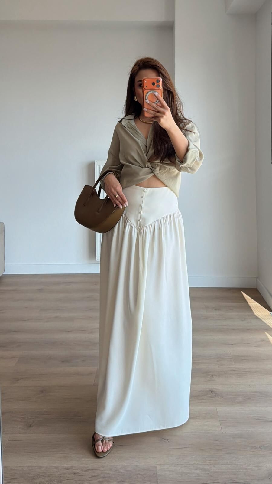 Korsajlı Krem Midi Etek