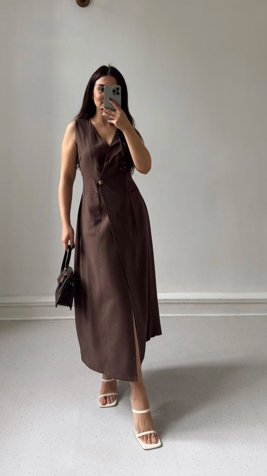 Gold Düğme Tencel Elbise Kahve