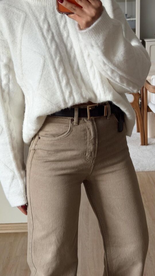 Bej Taşlamalı Straight Jean