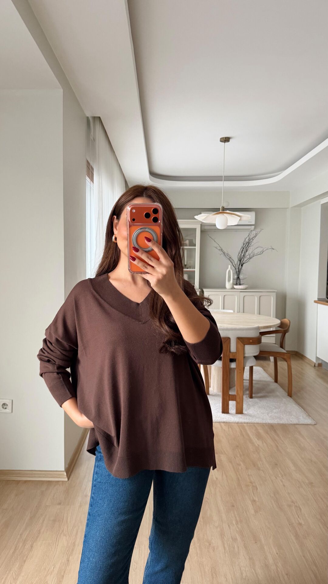 V Yaka Oversize Triko Kahve