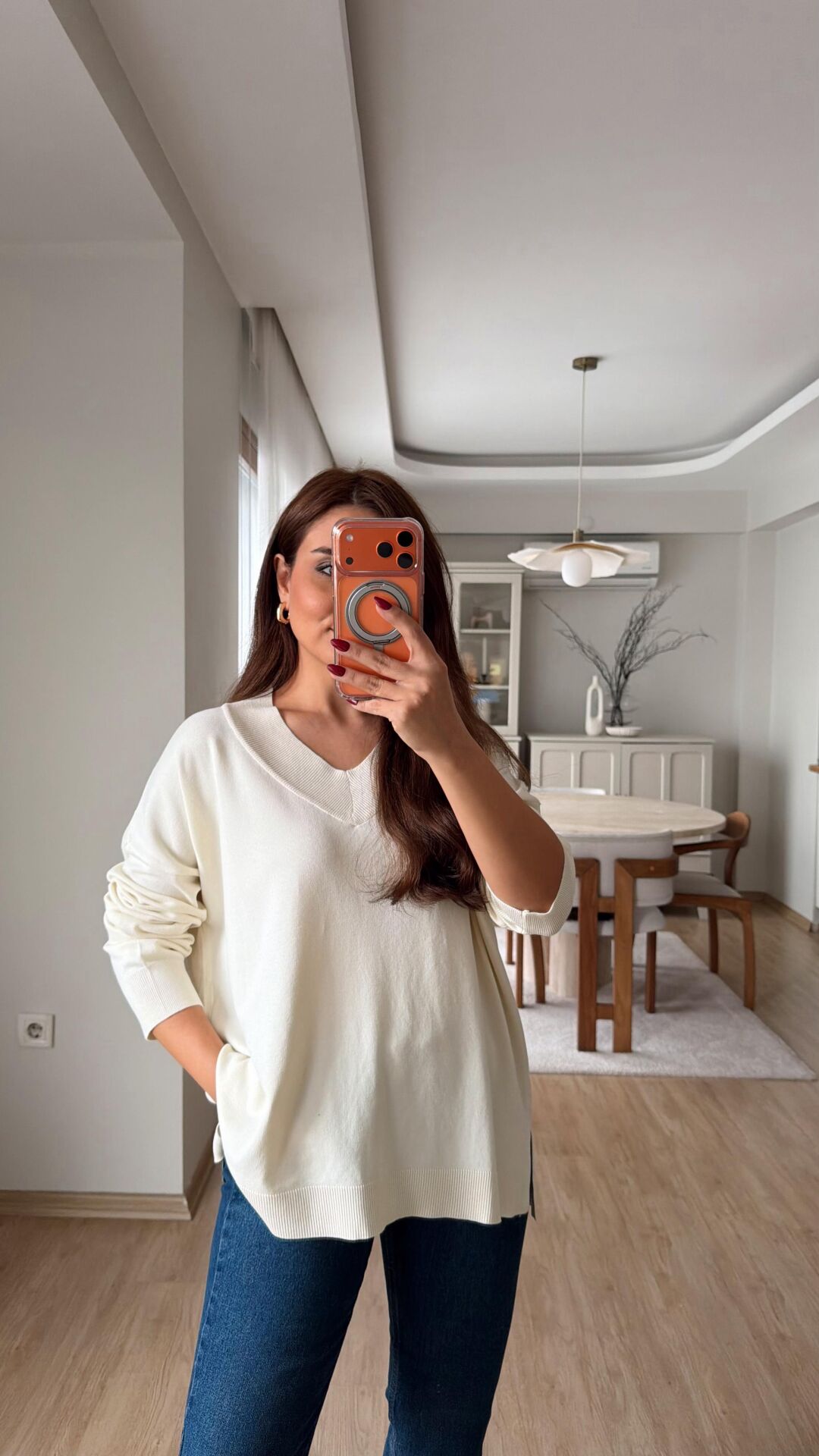 V Yaka Oversize Triko Ekru