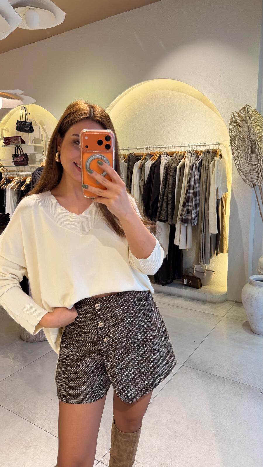 V Yaka Oversize Triko Ekru