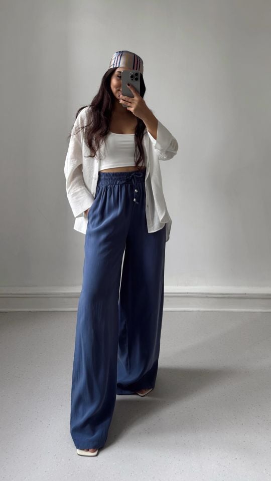 Bağcıklı Tencel Pantolon İndigo