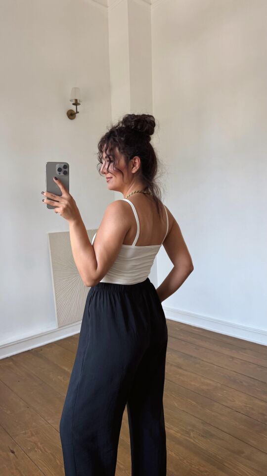 Büzgülü Askılı Crop Ekru